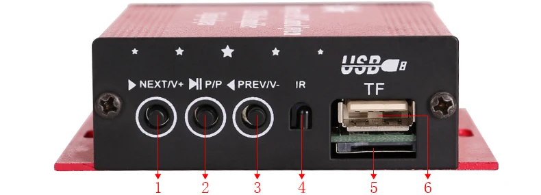kinter A7 Hifi mini amplifier reader for speaker headphone support USB TF DC12V power input with FM radio remote control earphone in motorcycle car red plastic enclosure (7)