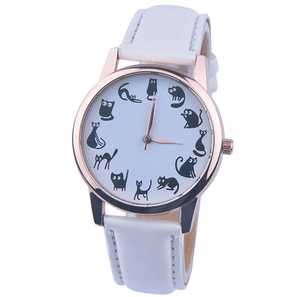 Новые модные женские часы montre femme Casaul Cat узор Кожаный ремешок Кварцевые часы для женщин Relogio Feminino Bayan Kol Saati@ F - Цвет: White