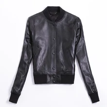 Женская модная бейсбольная куртка из натуральной кожи, вязаный воротник, однобортные куртки и пальто из натуральной овчины