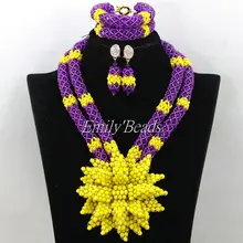 Африканские комплекты ювелирных изделий фиолетовый микс желтые хрустальные бусины ожерелье набор ручной работы цветок кулон для невесты ALJ087
