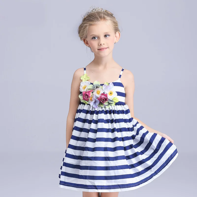 

Girls Blue White Striped Dress 2016 Summer 3D Flowers Girls Dresses for Party and Wedding Fashion Slip Dress Cute Sundresses