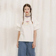 Летняя новая Женская толстовка с капюшоном футболка с оборками с коротким рукавом Клубника принт торта женская футболка с капюшоном Shrit Белый Топ сладкий