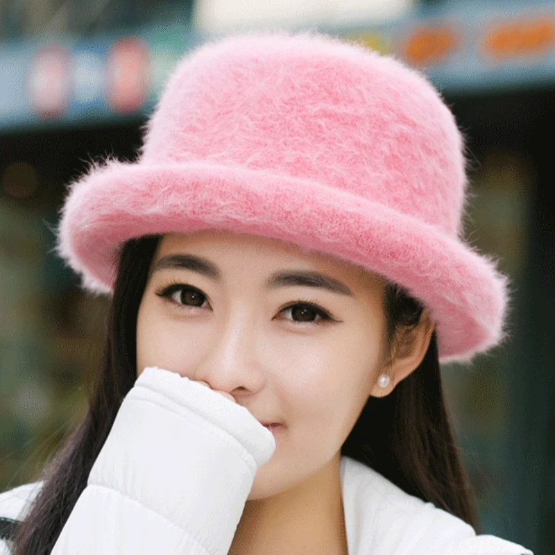Горячая Распродажа, зимняя шапка-ведро для женщин из кроличьей шерсти, теплые однотонные розовые гибкие шапки для женщин, женская шляпа-ведро, Шляпа Fedora для мам