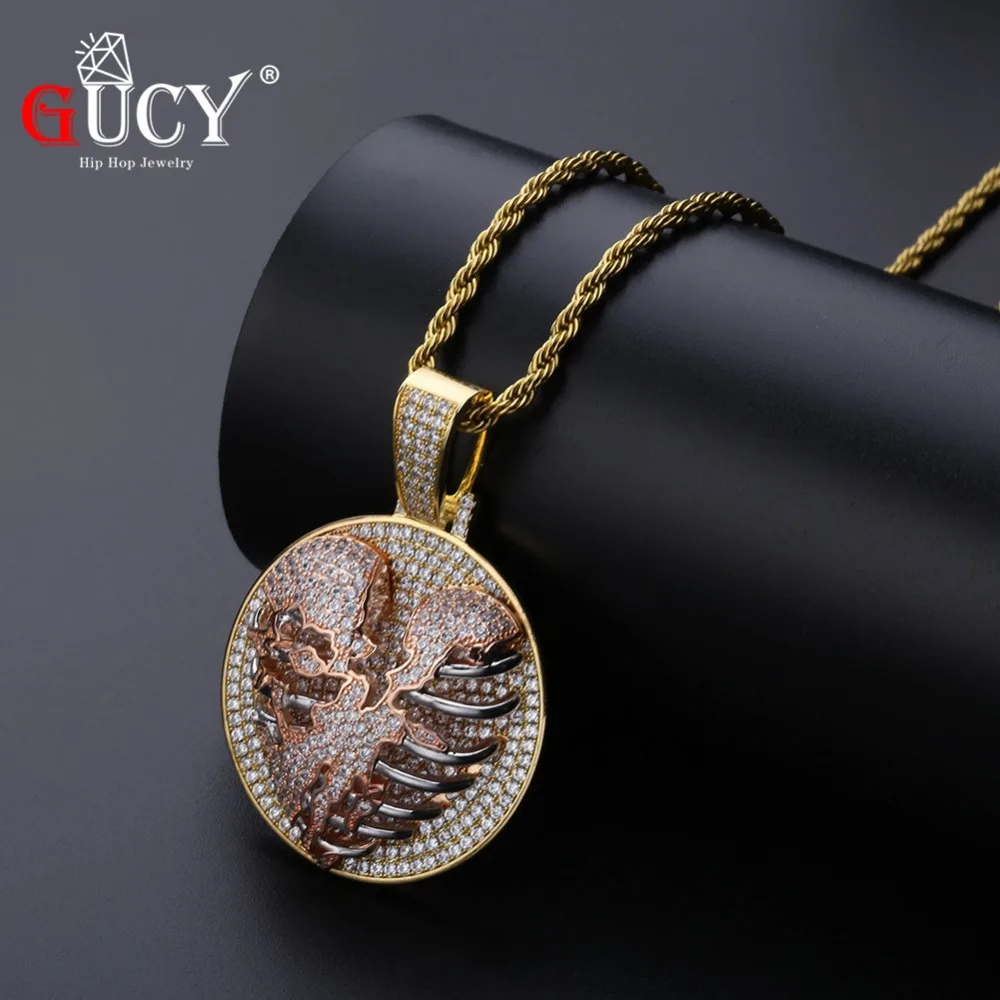 

Цепочка GUCY с подвеской в виде сердца, медальон со сверкающими фианитами на спине, мужское Ювелирное Украшение в стиле хип-хоп