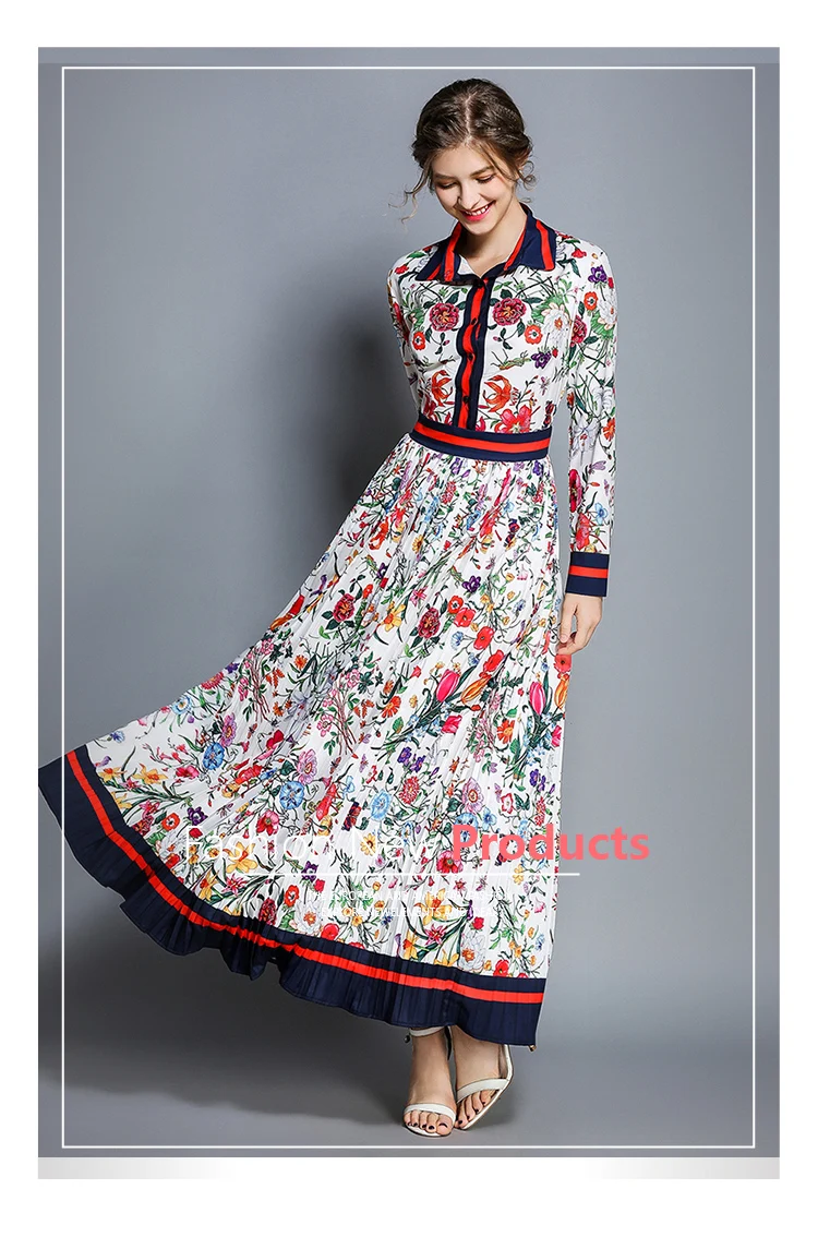 Весна женские плиссированные макси модные новые осенние длинные вечерние поло с длинным рукавом с цветочным принтом винтажное платье