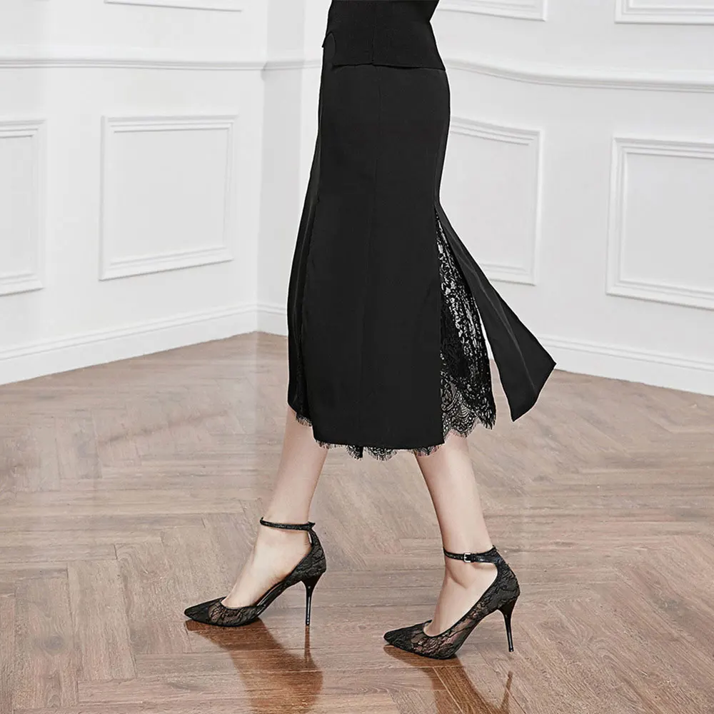 

Jupe Hiver 2019 Summer Elegant Ladies Office Skirt Women Split Midi Skirt With Lace