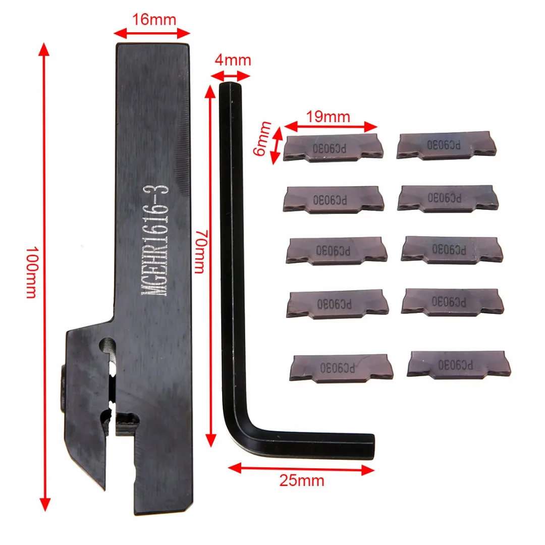 10pcs MGMN300 Carbide Inserts + 1pc MGEHR1616-3 CNC Lathe Turning Holder Boring Bar + 1pc Wrench