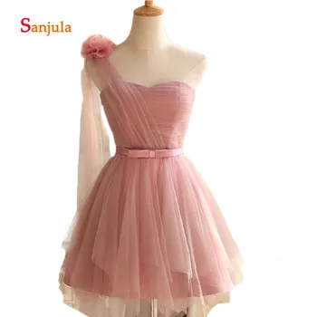 

One Shoulder Blush Pink Cheap Bridesmaid Dresses Short Tulle Pleats A-Line Wedding Party Dresses robe de mariee courte D815