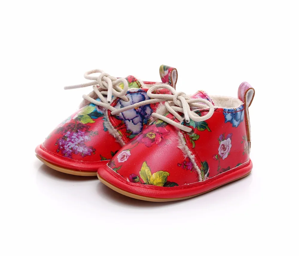 VIP Dropshiping lace up floral printing baby moccasins super warm PU leather fur winter baby shoes toddler girls boys snow boots