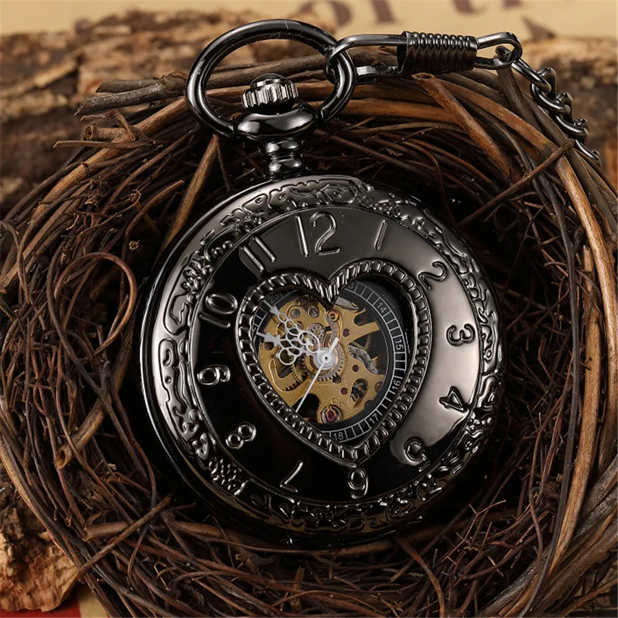 

Full Black Love Heart Shape Hand Wind Mechanical Pocket Watch Retro Hollow Skeleton Pendant Steampunk Mens Watch With Chain