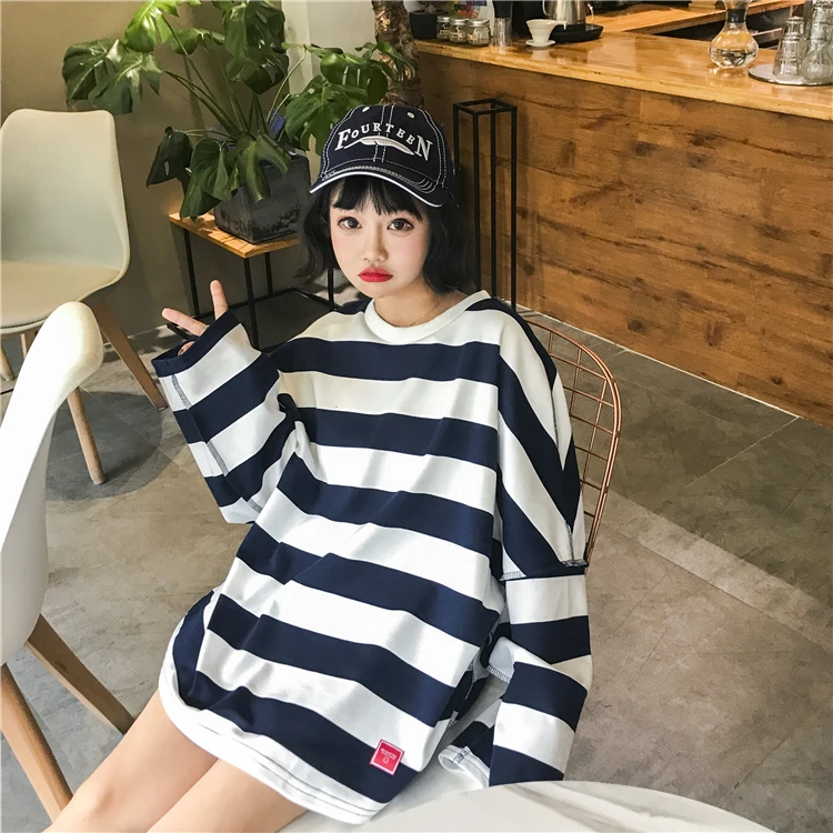 Осенняя одежда в Корейском стиле Ulzzang Harajuku свободная длинная полосатая толстовка