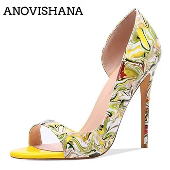 

ANOVISHANA Women high quality Open toe 12cm Thin High heels Dress pumps Colorful office shoes Cover heel Summer Big size 42 43 4