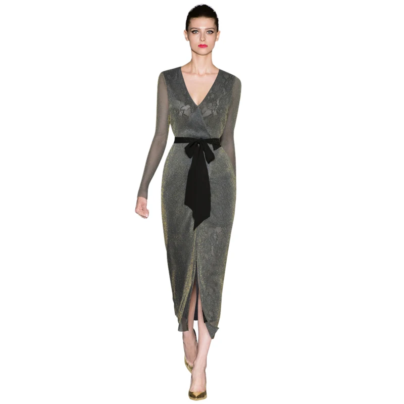 Silver striped glitter long sleeve maxi dresses for women