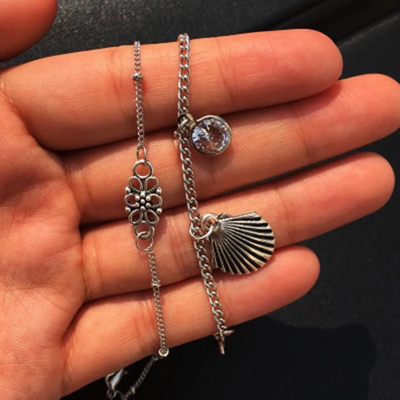 Qevila Fashion Bohemian Footwear Punk Style Silver color Chains Ankle Vintage Shell flower Zircon Multi-lay Bracelet Leg Jewelry (7)