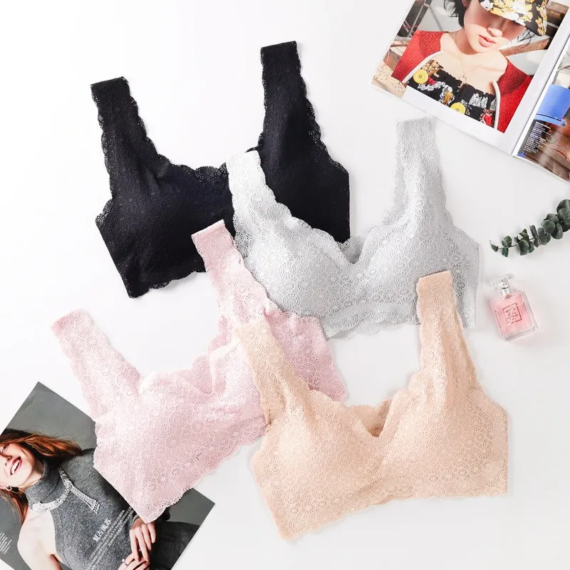 

DERUILADY Comfortable Ice Silk Seamless Bra Underwear Hollow Out Lace Breathable Wireless Bra Sexy Lingerie One-Piece Bralette