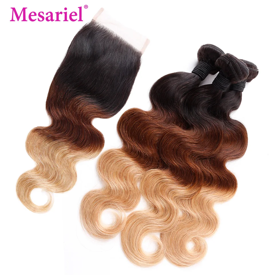 Mesariel Body Wave Ombre Bundles With Closure 1b/4/27 Brazilian Hair Weave Bundles 2 3 4 Bundles With Lace Closure Non Remy Hair