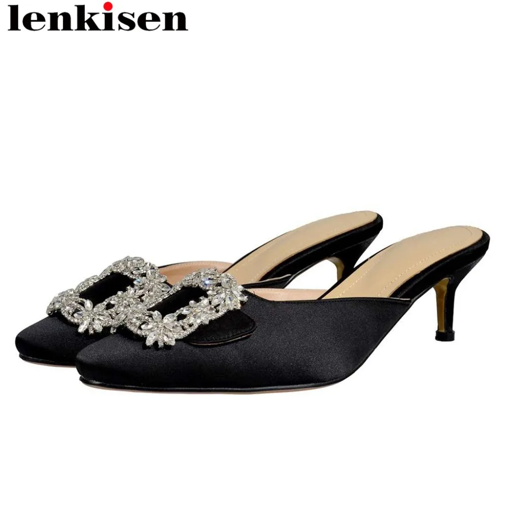 

Comfortable plus size silk glitter crystals buckle decoration slip on mules thin med heels square toe gathering women pumps L1f3