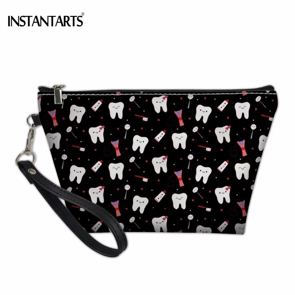 INSTANTARTS لطيف الكرتون طبيب 3D المطبوعة أسود التجميل أكياس الأسنان مضحك الضرورات المرأة ماكياج المنظم كبير ماكياج حالات