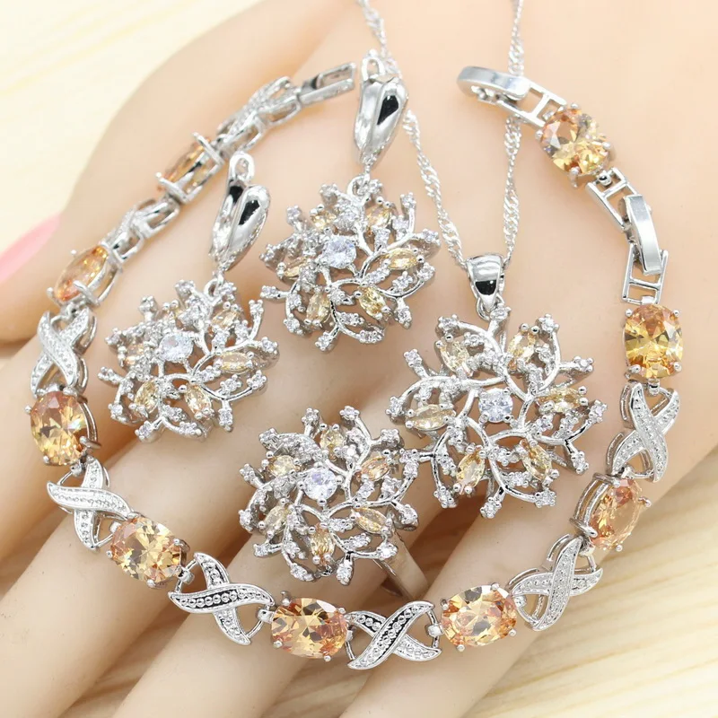 

Champagne Zirconia 925 Stamp Silver Bridal Jewelry Sets For Women Earrings Bracelet Rings Necklace Pendant Gift Jewelry Box