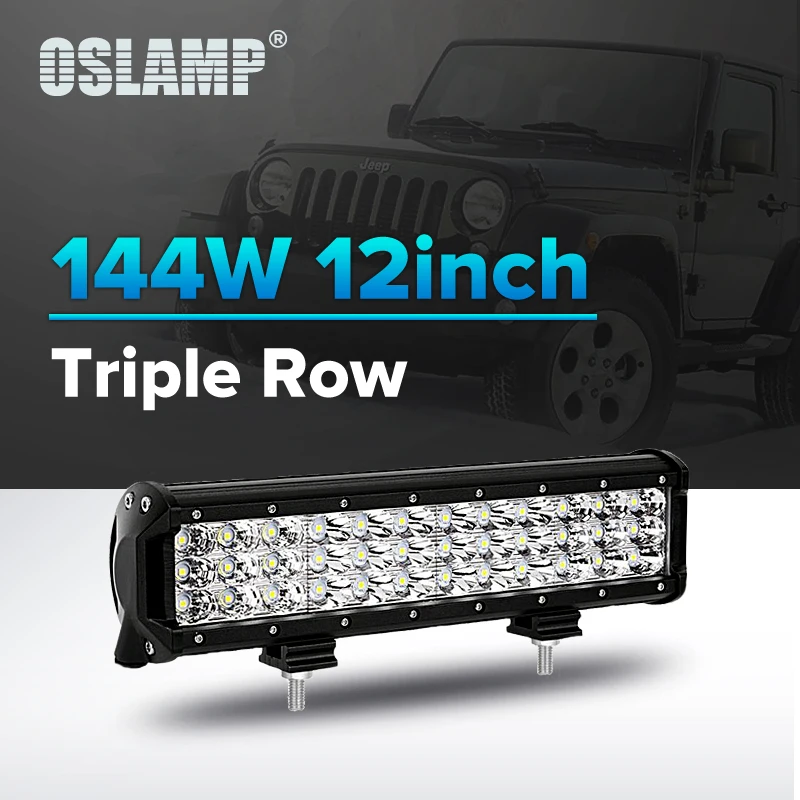 

Oslamp 144W 12inch Led Chips Combo LED Work Light Bar 12V 24V 6000K Led Auto Led Light Bar for Car SUV ATV RZR UTE Wagon Camper