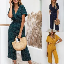 Womail Женский Летний комбинезон в горошек с v-образным вырезом, короткий рукав, широкие штанины, женский комбинезон, повседневный летний пляжный комбинезон 30 апреля