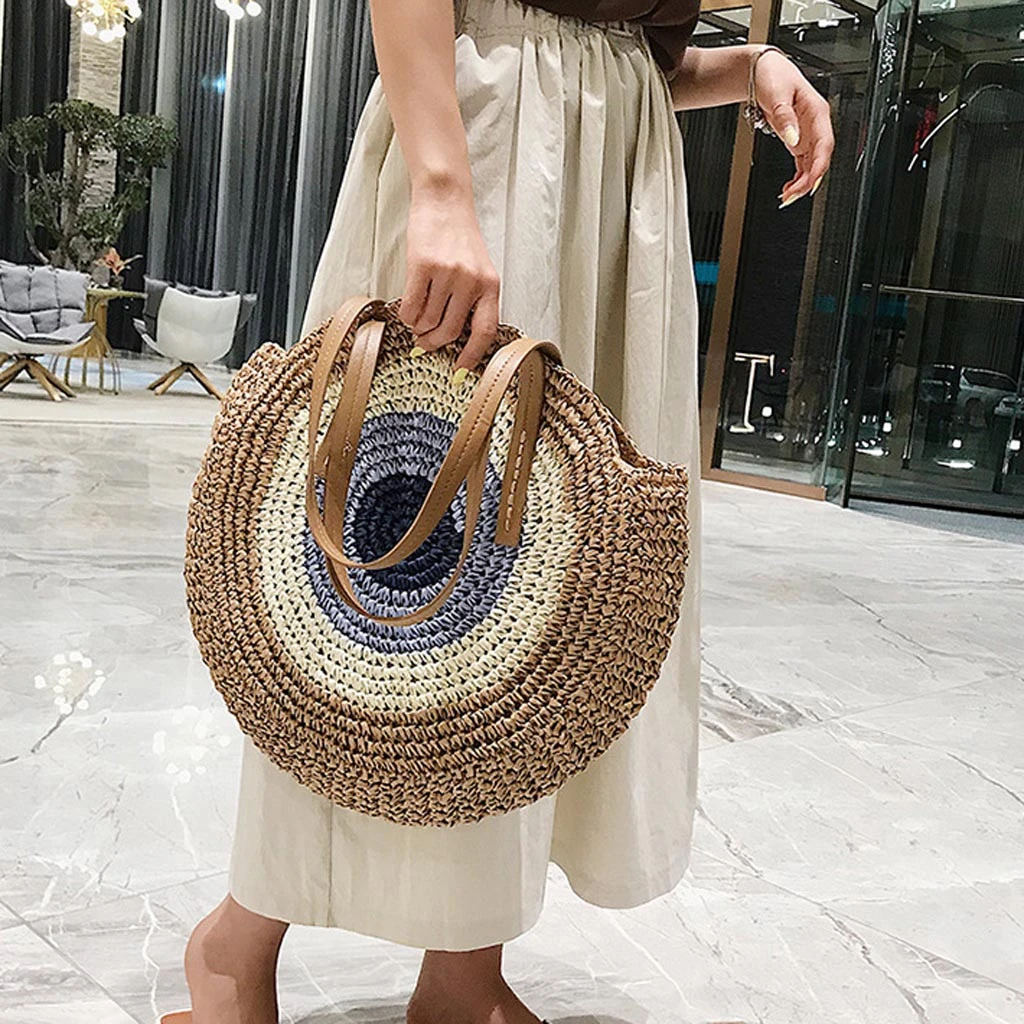 Bolso de paja de verano mujer, bolsos de mano grandes, circulares, tejido a mano, estilo étnico, redondo, Retro, bandolera de mimbre|Cubos| - AliExpress