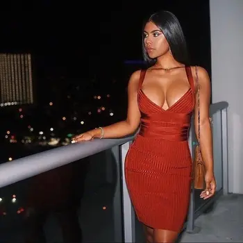 

Women Fashion Sexy Deep V Neck Wine Red Rayon Bodycon Bandage Dress Elegant Mini Celebrity Party Dresses