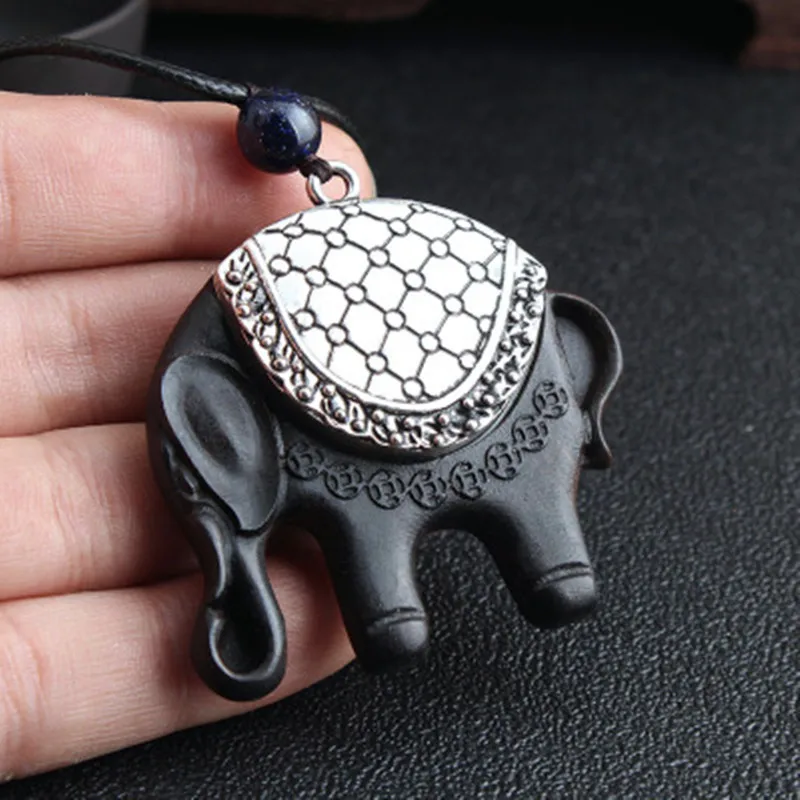 2019 New Vintage Wood Necklace Women And Men Ebony Ping An Auspicious Elephant Sweater Chain Amulet Pendant Gifts Souvenir | Украшения и
