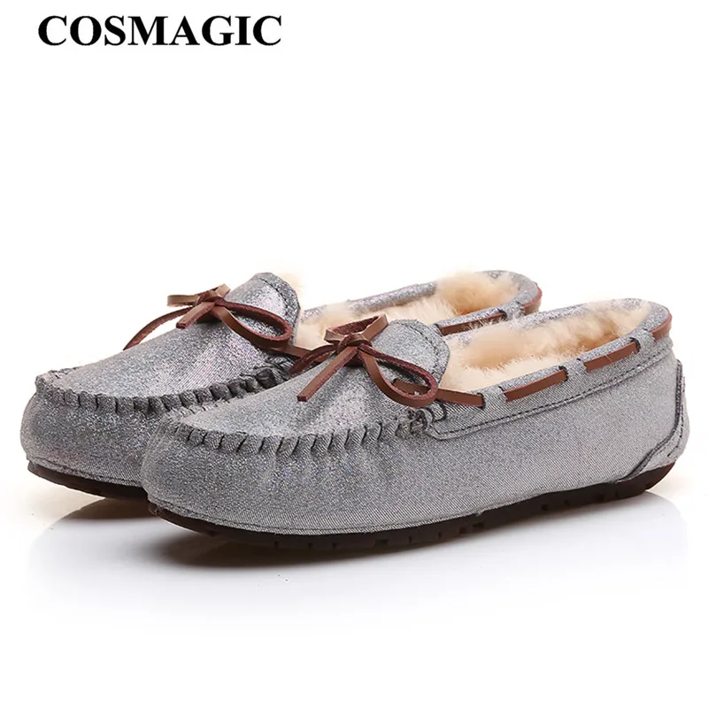 

COSMAGIC Famous Designer Women Moccasins Flat 2019 New Sheepskin Snow Shoe faux Fur Warm Bowtie Pea Boat Shoes Loafers