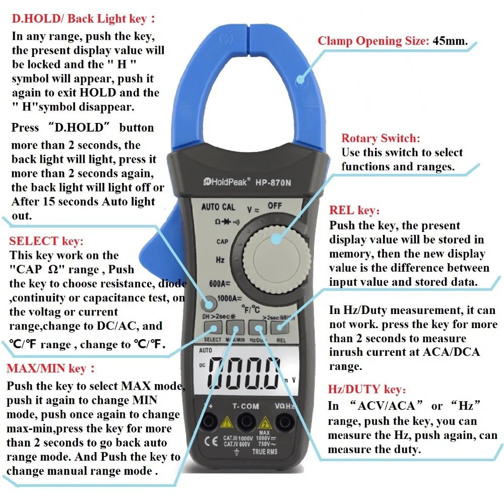 HoldPeak HP-870N Auto Range DC AC Digital Clamp Meter multímetro Pinza Amperimetrica Amperimetro True RMS Frequency Backlight HoldPeak HP-870N Auto Range DC AC Digital Clamp Meter multímetro Pinza Amperimetrica Amperimetro True RMS Frequency Backlight