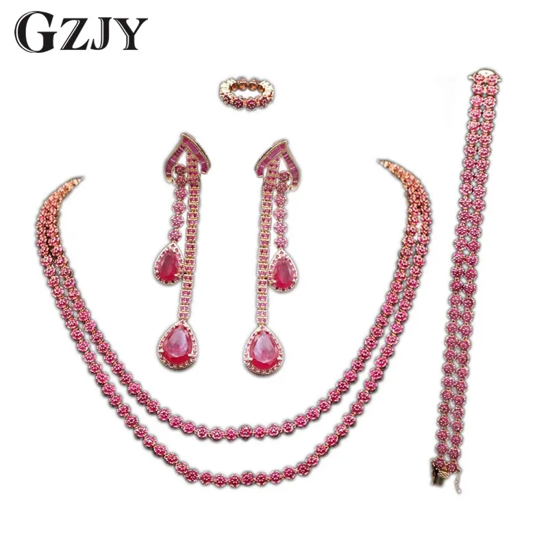 

GZJY Elegant Charm Rose Gold Color Inlay Full Red Zircon Necklace Ring Earrings Bracelet For Bridal Wedding Jewelry Sets