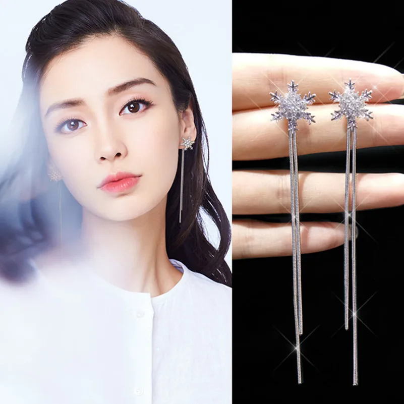 Korean Simple Ear Wire Long Tassel Earrings Rhinestone Snow Flower Two