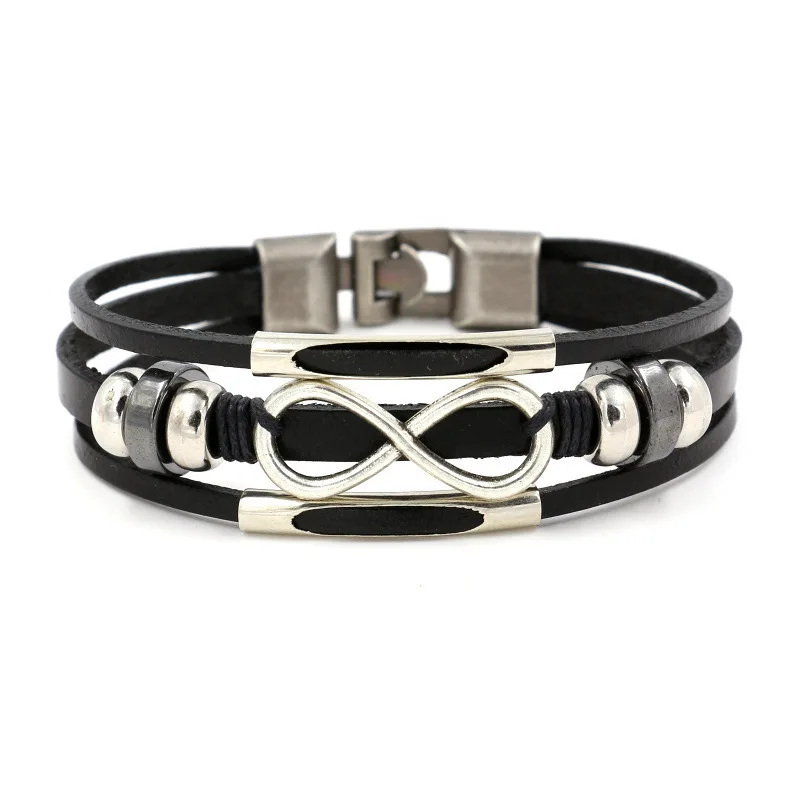 

Western Punk Multilayer Leather Bracelet Letter Infiniti Charms Braclet For Men Boys Vintage Cuff Jewelry Pulseira De Couro