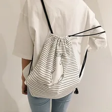 New Student Drawstring Bag Striped Cartoon Cat Shoulder Bags Soft Backpack Portable School Travel Storage Large