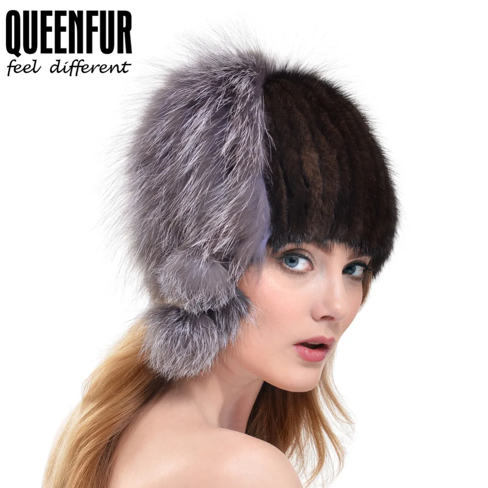 QUEENFUR Winter Women Genuine Mink Fur Skullies With Silver Fox Fur