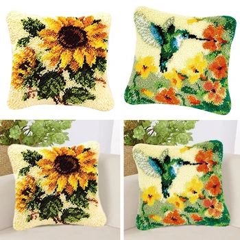 

2 Set Flower Pattern Pillow Latch Hook Rug Kit with Starter Tool for Beginners Making Pillows