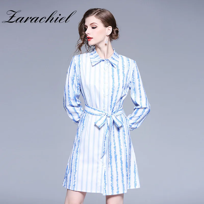 

Runway 2019 Spring Striped Women Dress Vintage Office Lady Bow Belted Long Sleeve Turn Down Collar Button Down Mini Shirt Dress