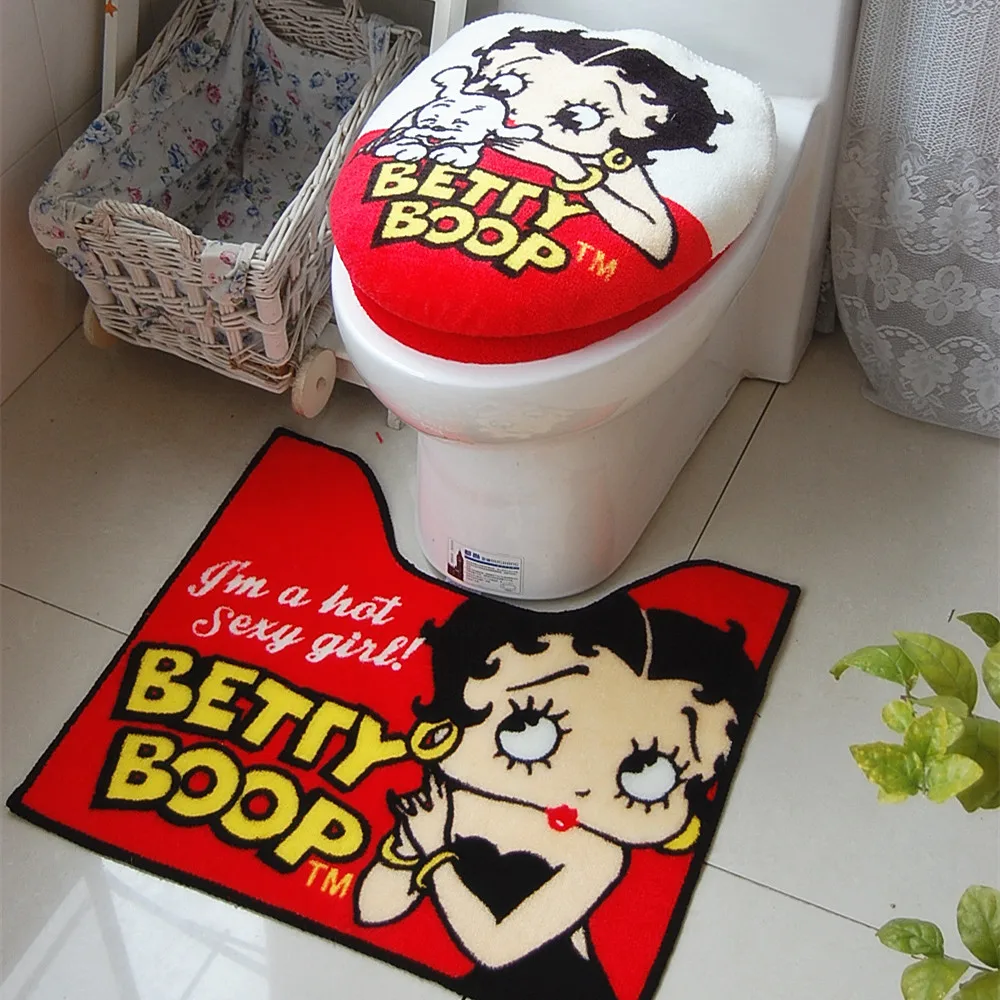 Betty Boop Bathroom Shower Curtain Toilet Seat Cover & Rugs Set 