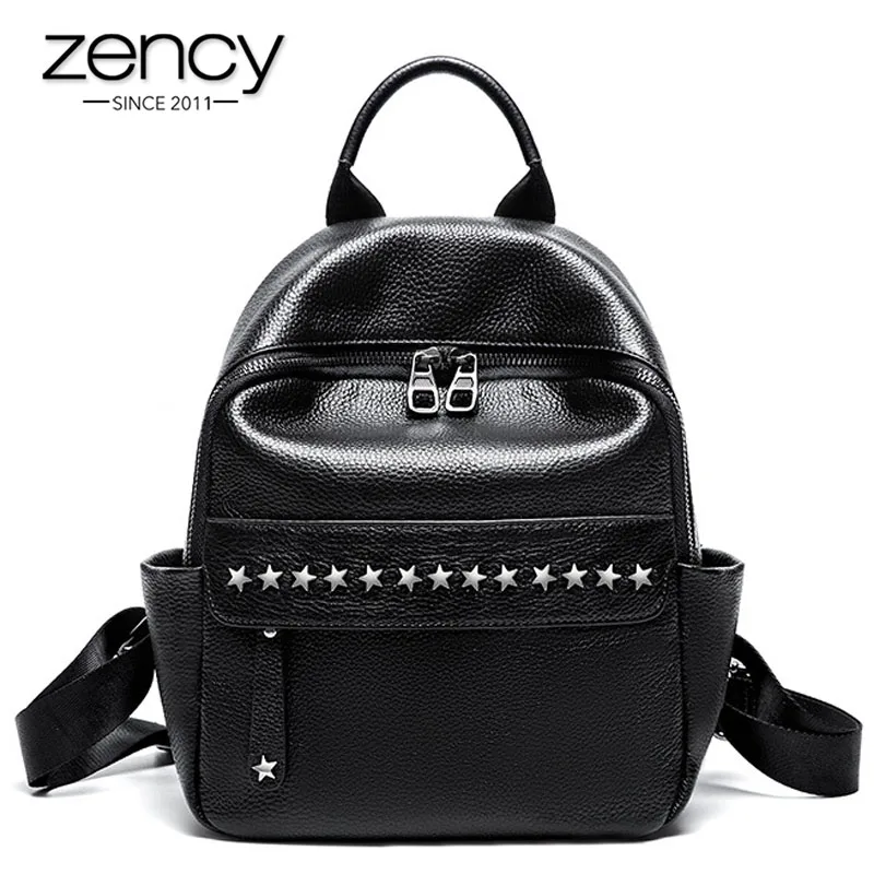 

Zency 100% Soft Skin Genuine Leather Fashion Designer Women Backpack Classic Black Knapsack Rivets Travel Bags Girl's Schoolbag