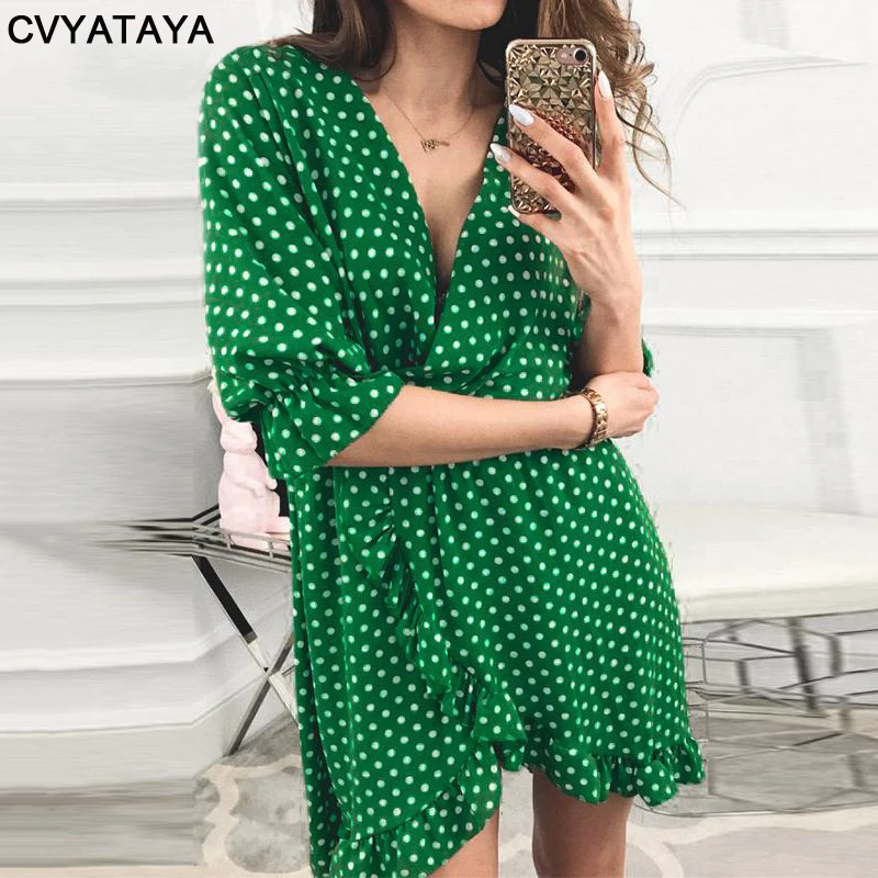 

Green Dot Printed Ruffles Sexy Deep V-Neck Dress Summer Boho Beach Style Mini Dresses Women Split Hem Short Dalmatian Tea Dress