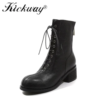 

Kickway Women Winter Ankle Boots Lace Up Genuine Cow Leather Square Heels Western Autumn Stiletto High Heels Ankle Boots Size 42