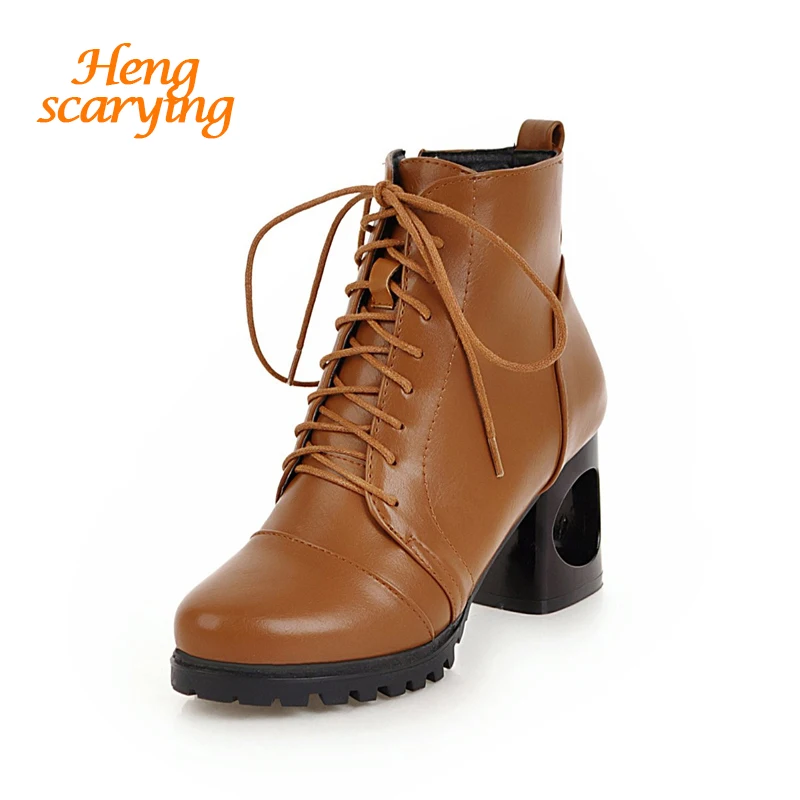 

2018 Plus Size Women Ankle Lace Up Punk Combat Boots Winter Snow Boots Female Fetish 6cm Block Thick Strange Heels Bootee Shoes