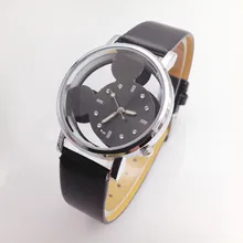 Nouveau 2016 Femmes Populaires Montres Souris Délicate Transparent Creux Cadran Bracelet En Cuir Robe Montre-Bracelet À Quartz Lady Montres mickey