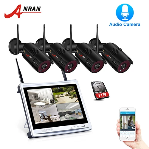 ANRAN P2P 4CH 12''LCD монитор NVR 2,0 MP 36IR Водонепроницаемая наружная пуля 1080P видео аудио IP Беспроводная камера система безопасности HDD - Цвет: Black