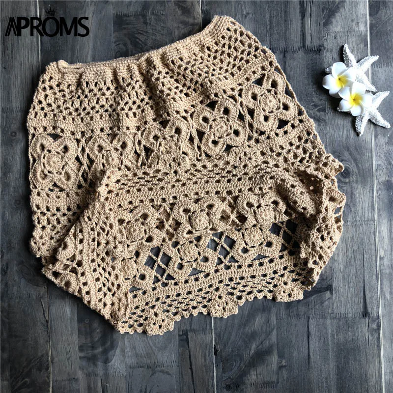 Хаки Aproms, хаки хлопок, вязанные крючком Короткие мини юбки, женская летняя эластичная пляжная юбка с высокой талией, женские плавки бикини - Цвет: Хаки