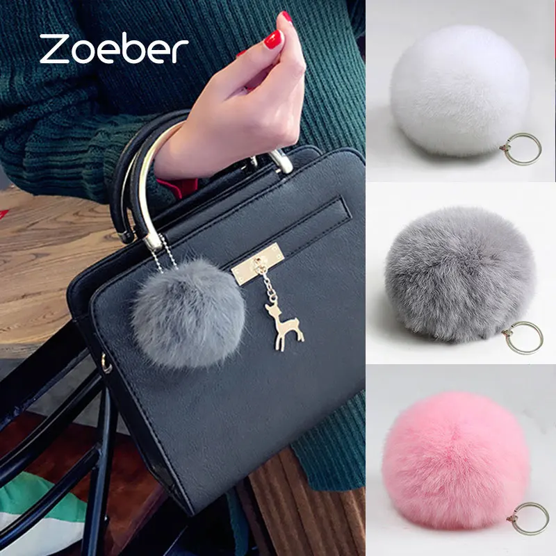 

Zoeber New Artificial Rabbit Fur Ball Keychain Cute Pompom Key Ring Lovely Fluffy Fur Rabbit Ear Pendant Keychain Rings women