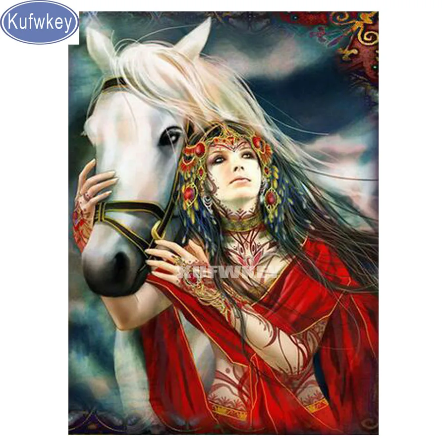Полноразмерная/круглая алмазная живопись Kufwkey с кристаллами Белая лошадь и