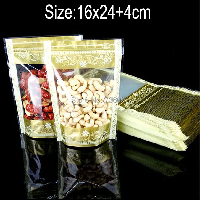 

200PCS 16*24+4cm(6.3''x9.5'')Clear plastic Bag with gold pattern for gift candy tea coffee Standup ziplock PE gold plastic bag