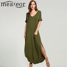 Meaneor Mulheres Casual Longo Maxi Vestido de Manga Curta Sólida Divisão Elástica Laminados-Bolsos manguito 2017 Verão Sexy de Corpo Inteiro Vestidos