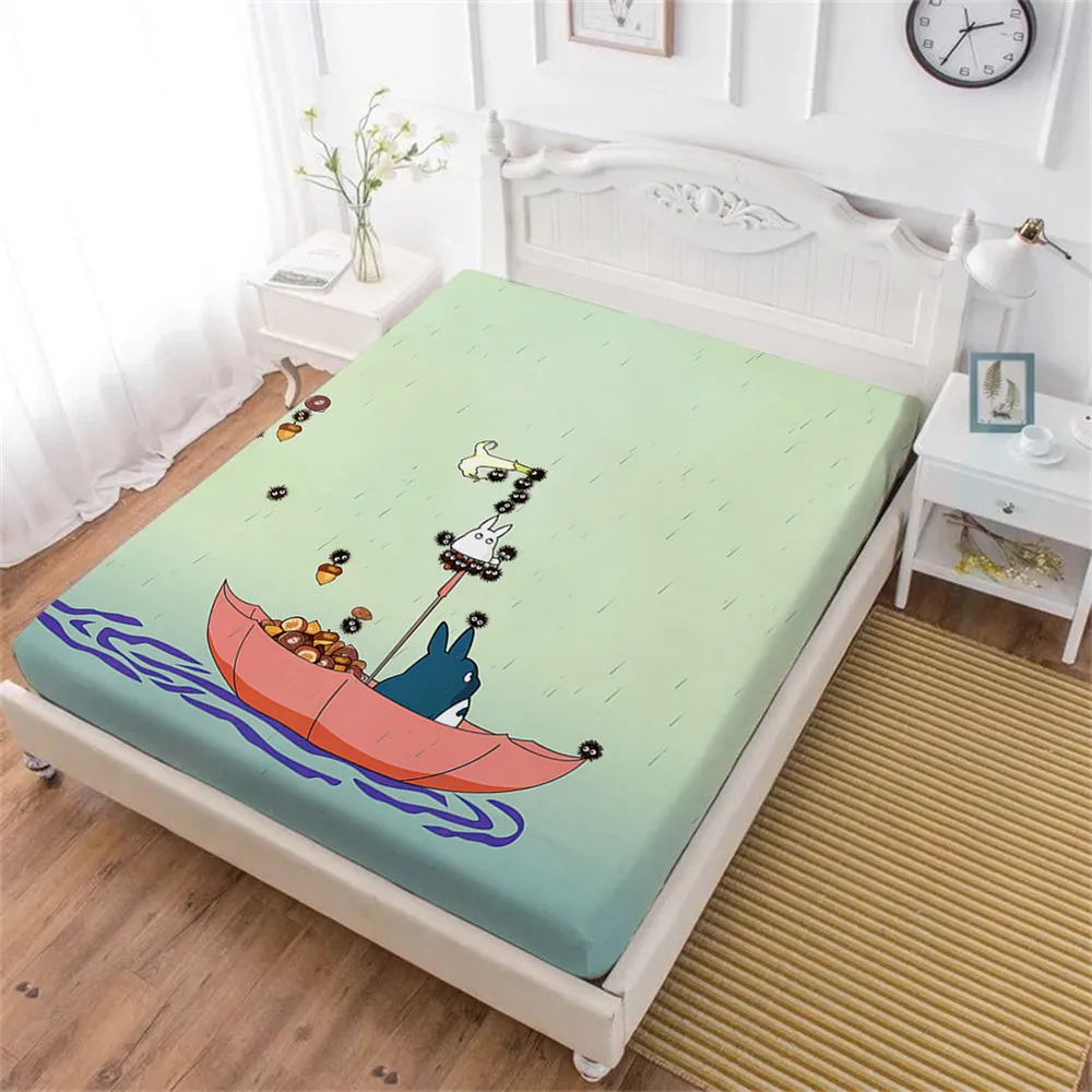 Cute Totoro Bed Sheet Cartoon Susuwatari Fitted Sheet Umbrella Lake Print Bedding Kids Deep Pocket Bedclothes Home Decor D35